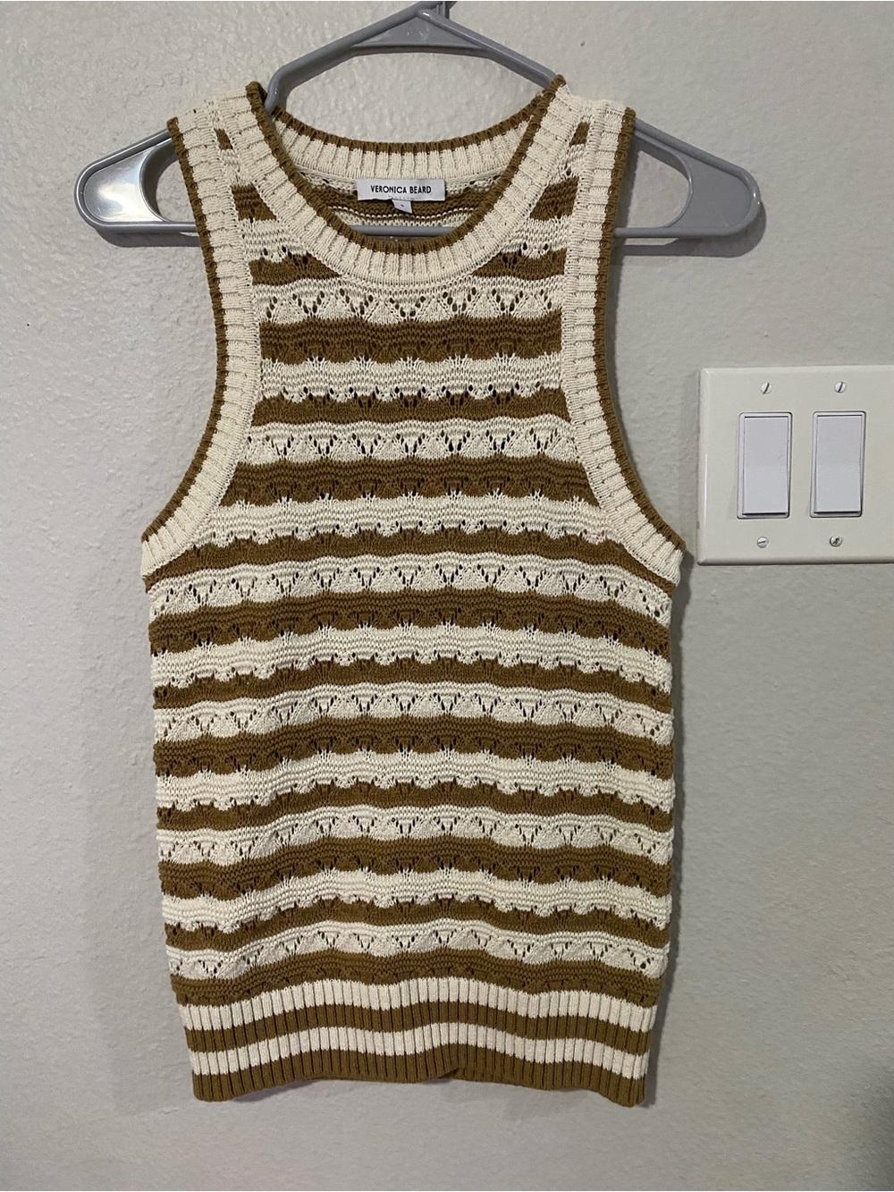 Veronica Beard Cream and Brown Striped Knit Sleeveless Sweater Vest